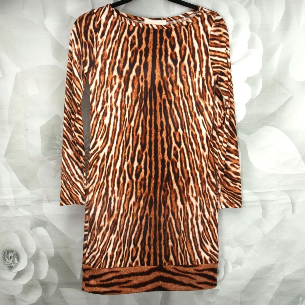 Michael Kors Long Sleeve Brown Animal Print Dress